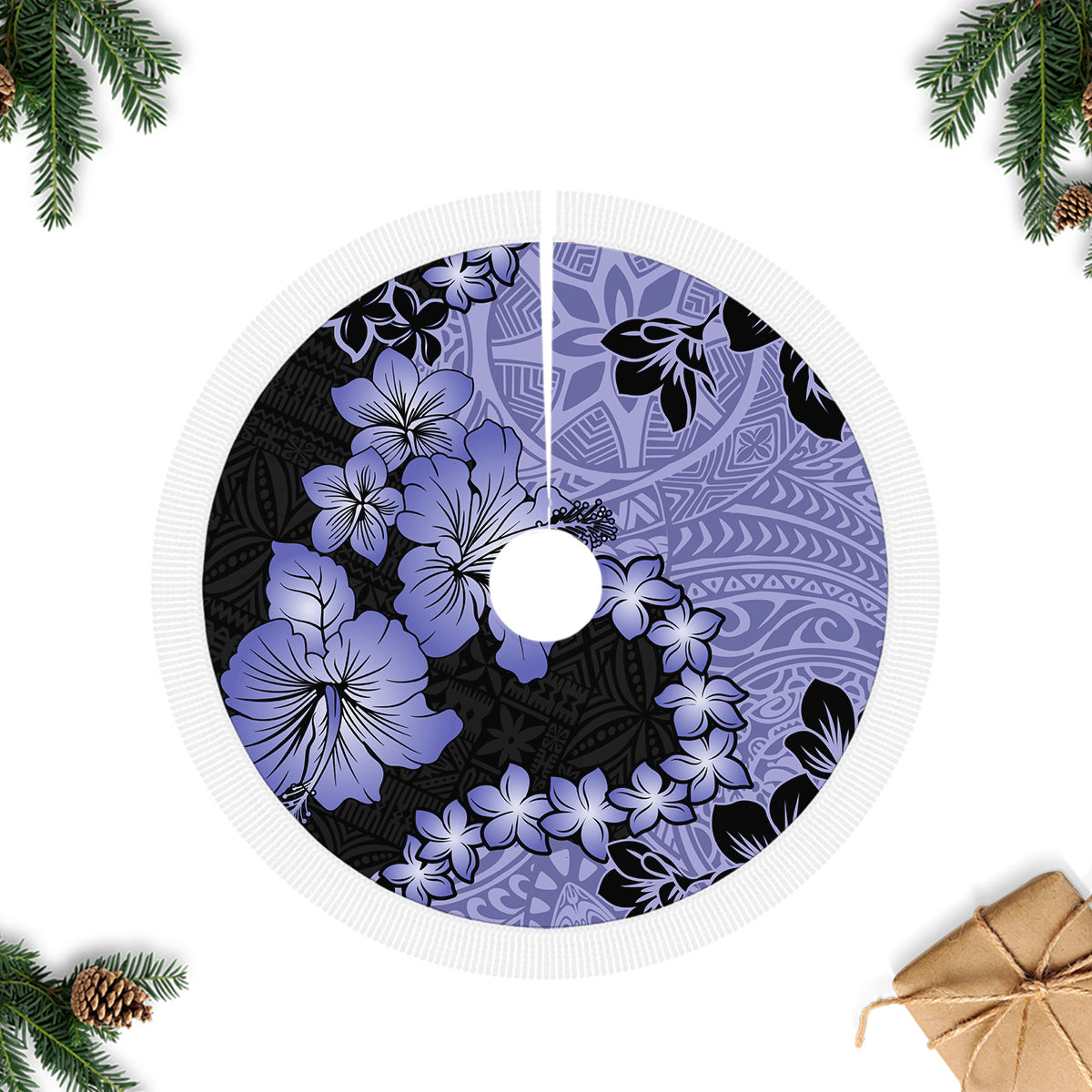 Purple Hawaii Tree Skirt Tapa Cloth Mix Tropical Flowers Pastel Vibes - Wonder Print Shop