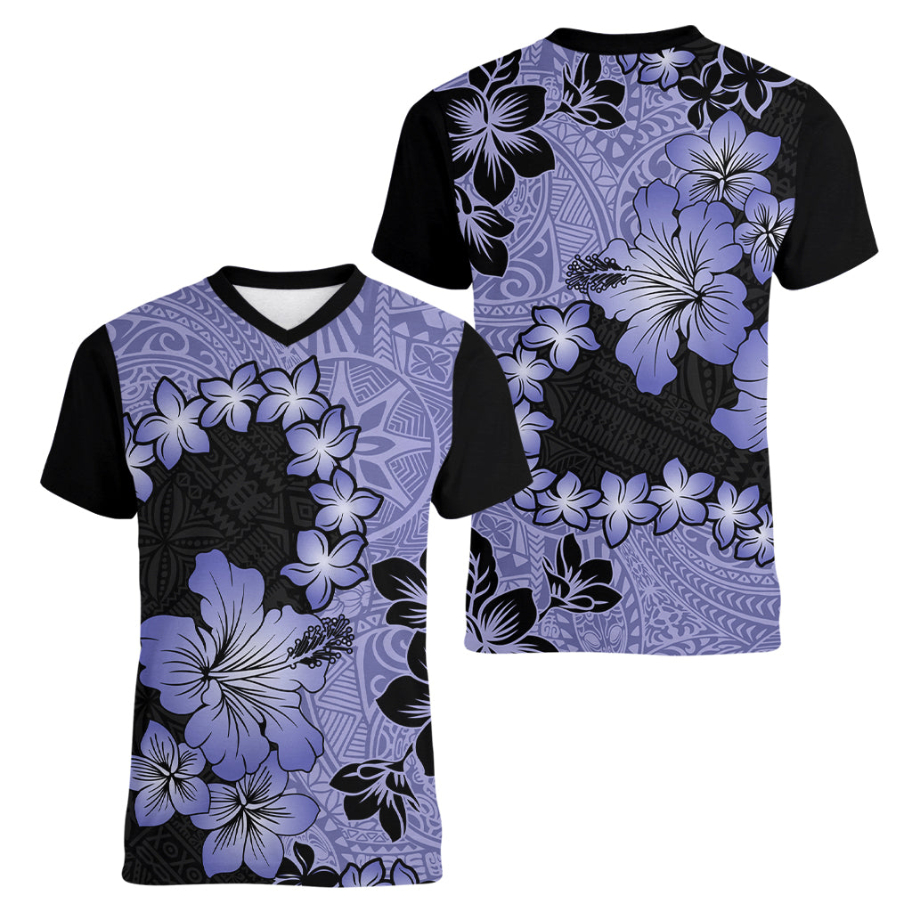 Purple Hawaii Women V Neck T Shirt Tapa Cloth Mix Tropical Flowers Pastel Vibes - Wonder Print Shop