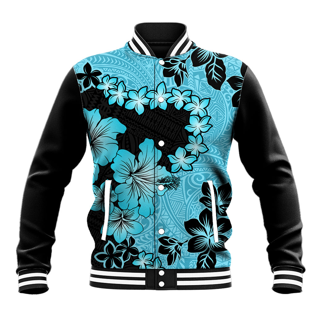 Blue Hawaii Baseball Jacket Tapa Cloth Mix Tropical Flowers Pastel Vibes - Wonder Print Shop