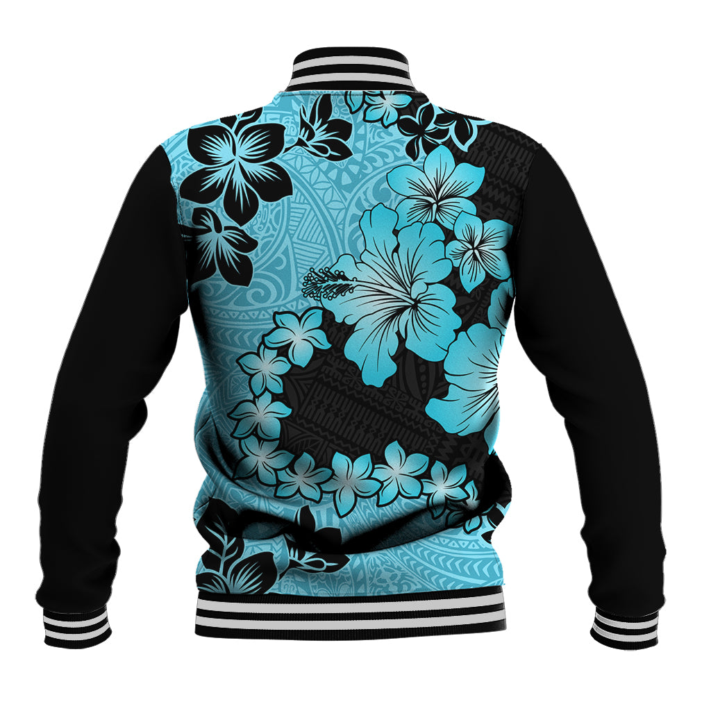 Blue Hawaii Baseball Jacket Tapa Cloth Mix Tropical Flowers Pastel Vibes - Wonder Print Shop