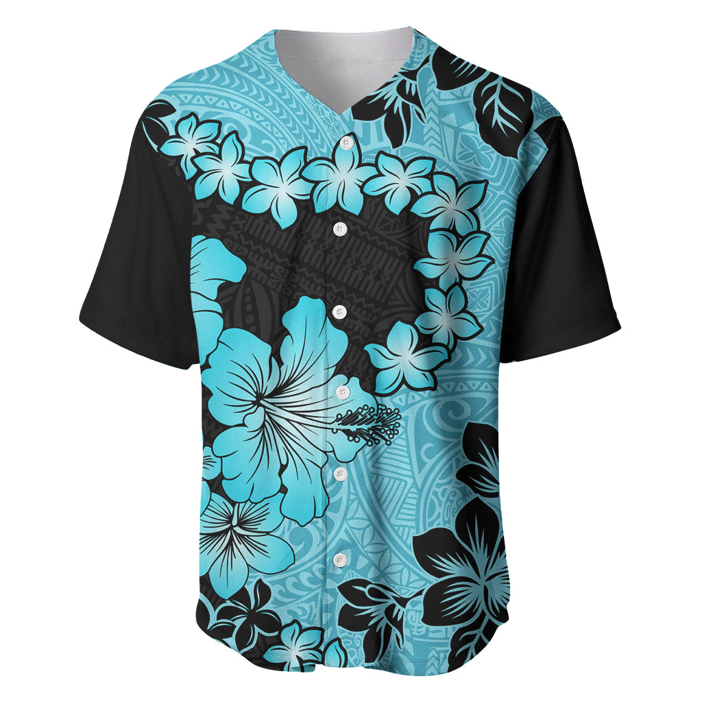 Blue Hawaii Baseball Jersey Tapa Cloth Mix Tropical Flowers Pastel Vibes - Wonder Print Shop