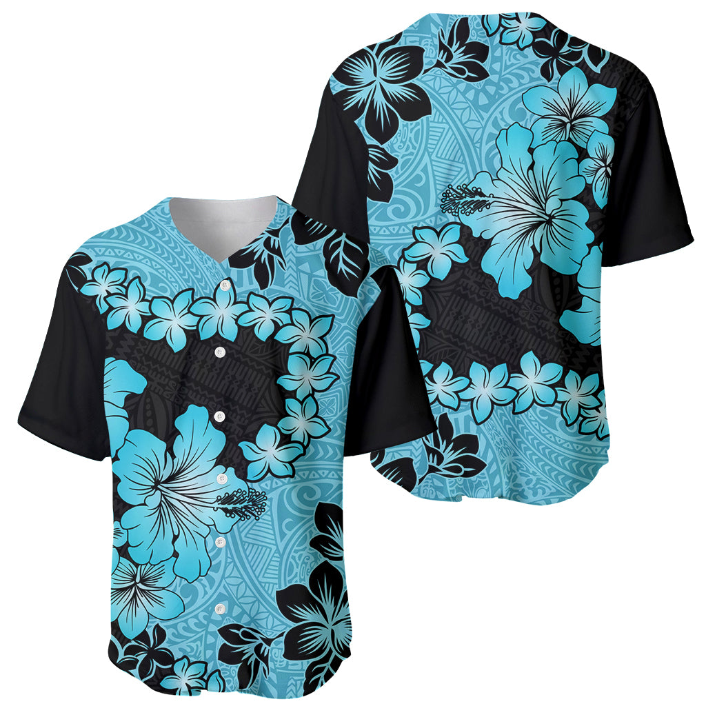 Blue Hawaii Baseball Jersey Tapa Cloth Mix Tropical Flowers Pastel Vibes - Wonder Print Shop