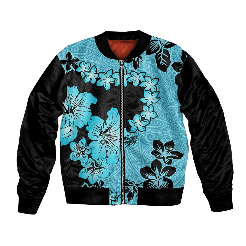 Blue Hawaii Bomber Jacket Tapa Cloth Mix Tropical Flowers Pastel Vibes - Wonder Print Shop