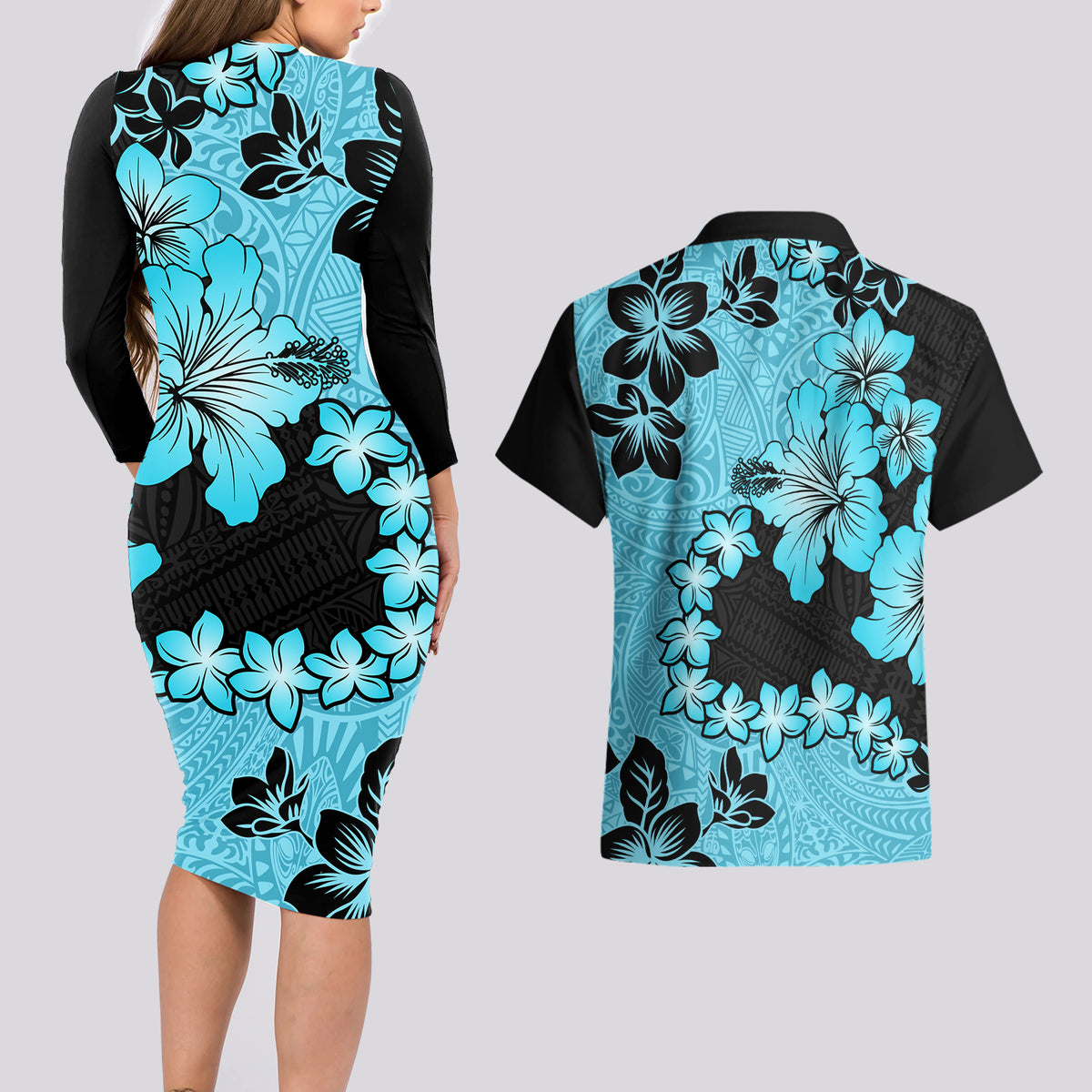 Blue Hawaii Couples Matching Long Sleeve Bodycon Dress and Hawaiian Shirt Tapa Cloth Mix Tropical Flowers Pastel Vibes - Wonder Print Shop