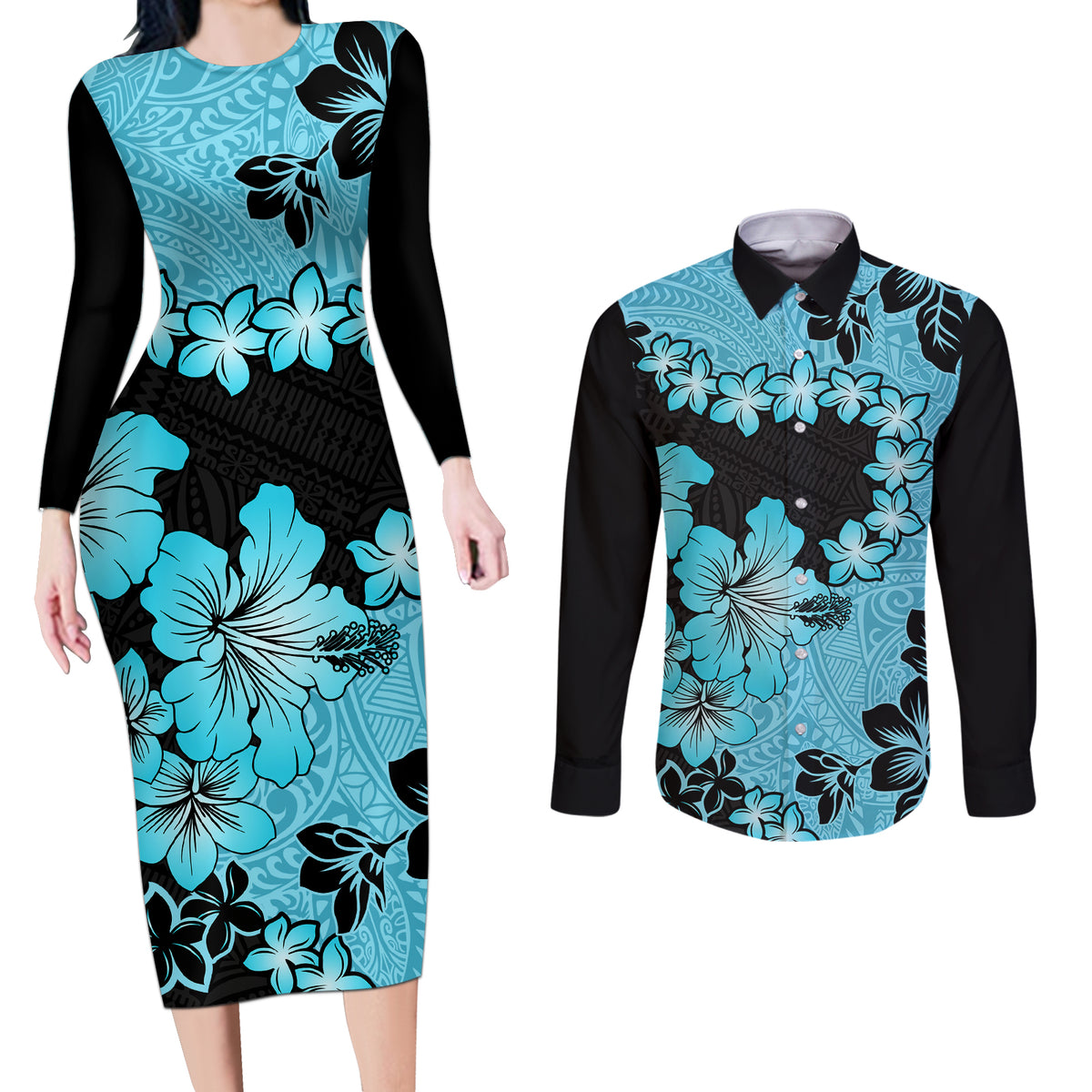 Blue Hawaii Couples Matching Long Sleeve Bodycon Dress and Long Sleeve Button Shirt Tapa Cloth Mix Tropical Flowers Pastel Vibes - Wonder Print Shop