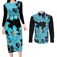 Blue Hawaii Couples Matching Long Sleeve Bodycon Dress and Long Sleeve Button Shirt Tapa Cloth Mix Tropical Flowers Pastel Vibes - Wonder Print Shop