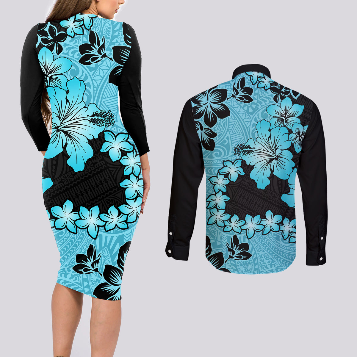 Blue Hawaii Couples Matching Long Sleeve Bodycon Dress and Long Sleeve Button Shirt Tapa Cloth Mix Tropical Flowers Pastel Vibes - Wonder Print Shop