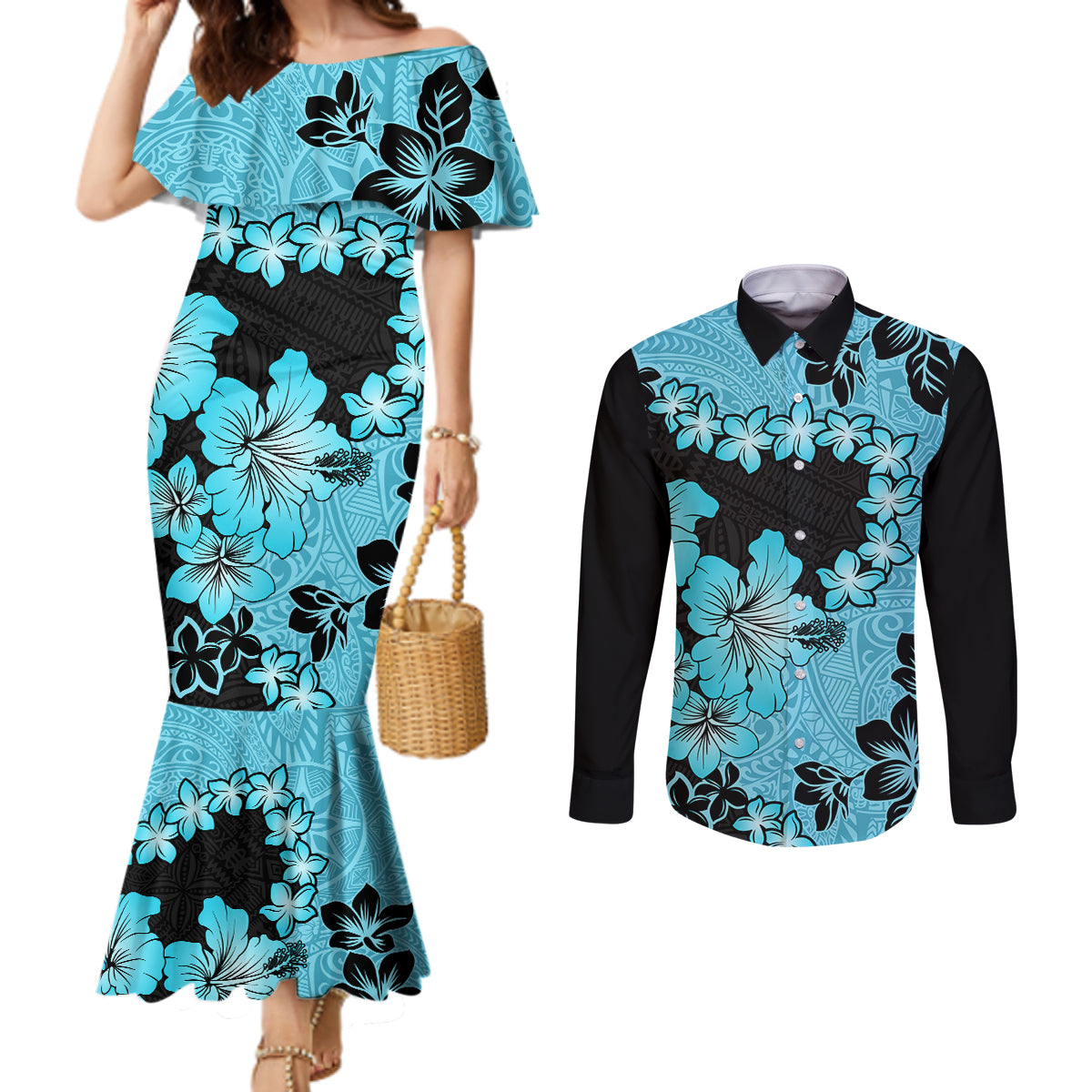 blue-hawaii-couples-matching-mermaid-dress-and-long-sleeve-button-shirt-tapa-cloth-mix-tropical-flowers-pastel-vibes