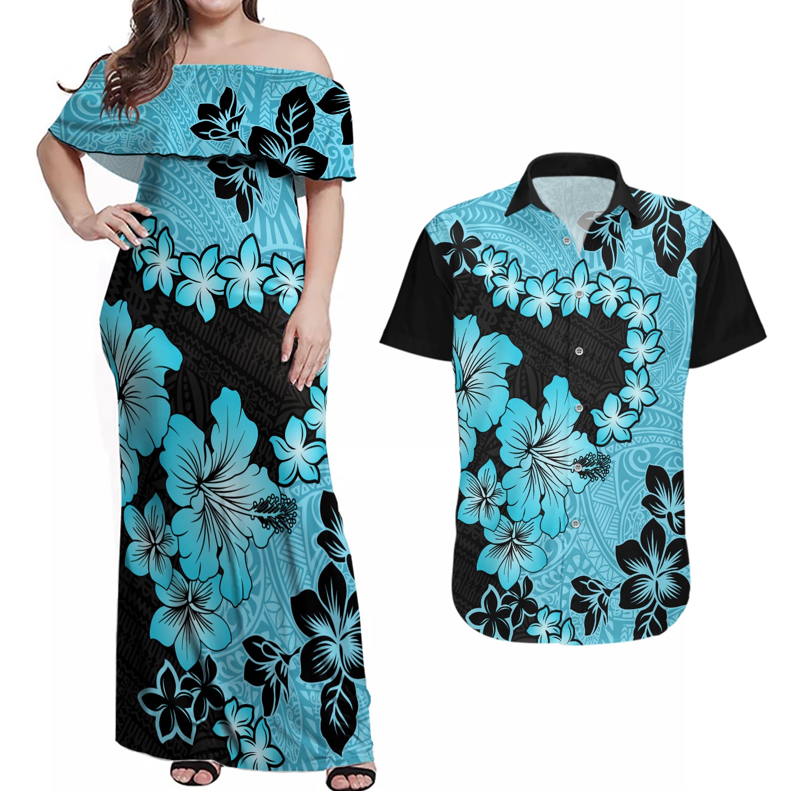 Blue Hawaii Couples Matching Off Shoulder Maxi Dress and Hawaiian Shirt Tapa Cloth Mix Tropical Flowers Pastel Vibes - Wonder Print Shop