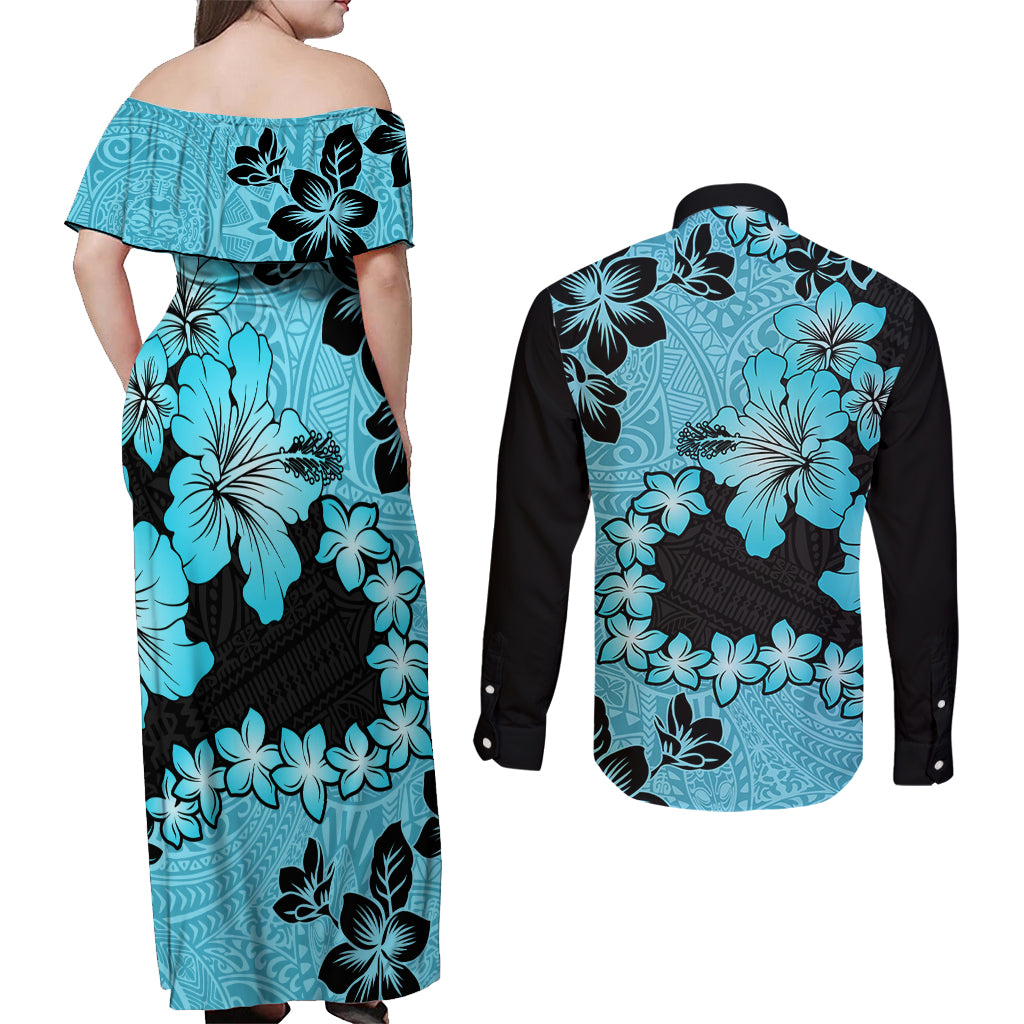 Blue Hawaii Couples Matching Off Shoulder Maxi Dress and Long Sleeve Button Shirt Tapa Cloth Mix Tropical Flowers Pastel Vibes - Wonder Print Shop