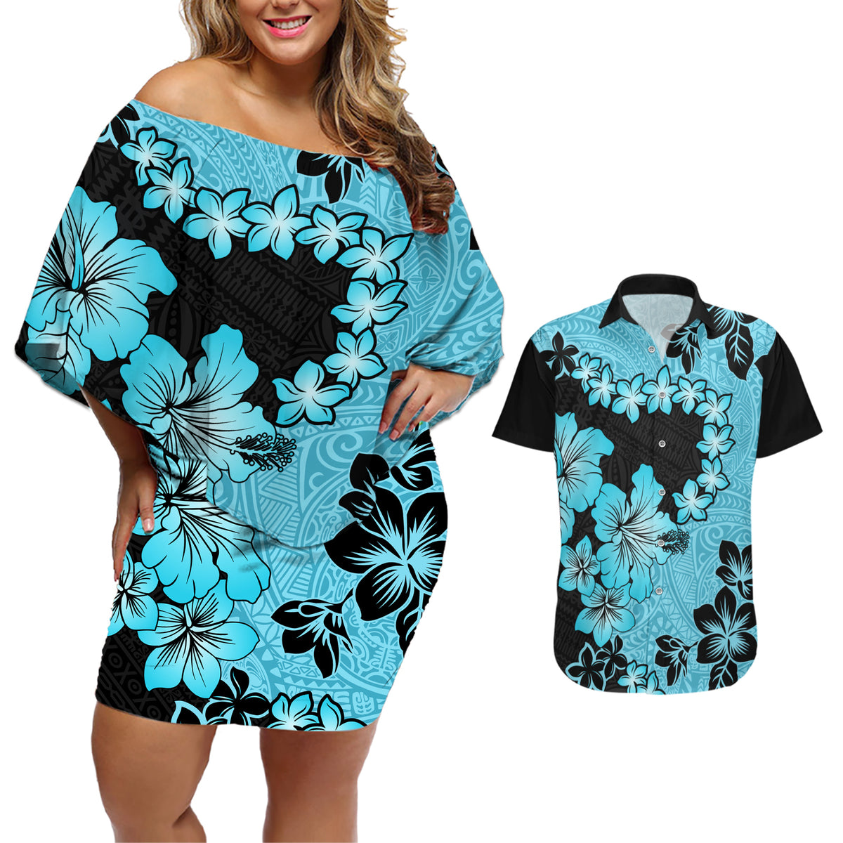 Blue Hawaii Couples Matching Off Shoulder Short Dress and Hawaiian Shirt Tapa Cloth Mix Tropical Flowers Pastel Vibes - Wonder Print Shop