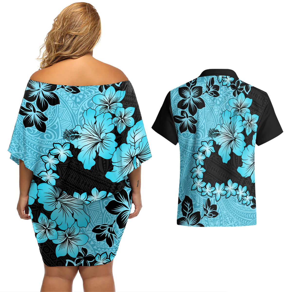 Blue Hawaii Couples Matching Off Shoulder Short Dress and Hawaiian Shirt Tapa Cloth Mix Tropical Flowers Pastel Vibes - Wonder Print Shop