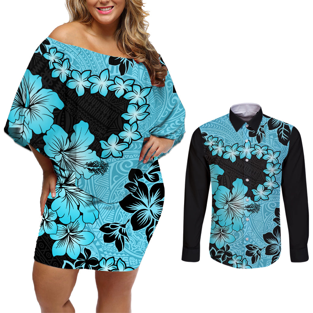 Blue Hawaii Couples Matching Off Shoulder Short Dress and Long Sleeve Button Shirt Tapa Cloth Mix Tropical Flowers Pastel Vibes - Wonder Print Shop
