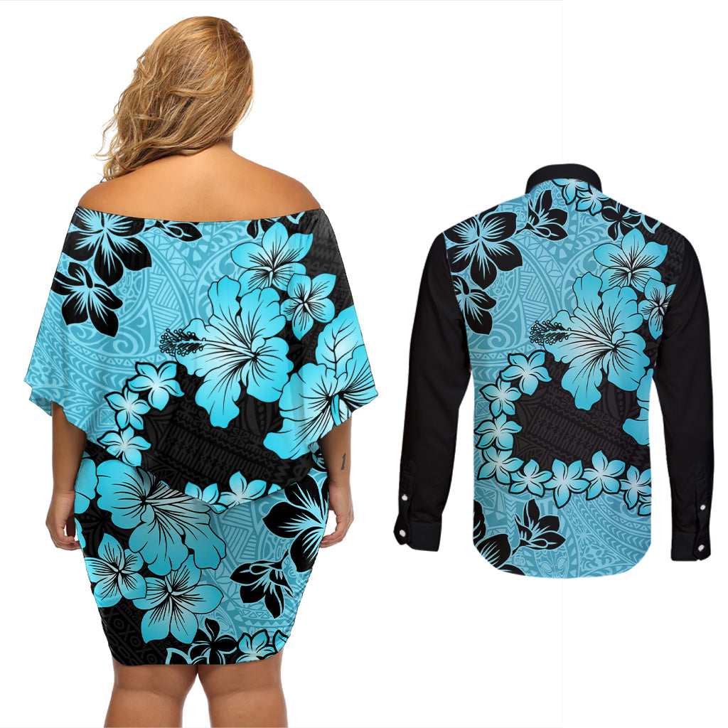 Blue Hawaii Couples Matching Off Shoulder Short Dress and Long Sleeve Button Shirt Tapa Cloth Mix Tropical Flowers Pastel Vibes - Wonder Print Shop