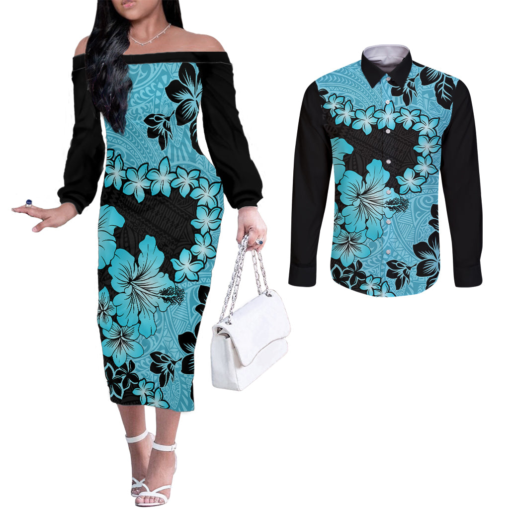 blue-hawaii-couples-matching-off-the-shoulder-long-sleeve-dress-and-long-sleeve-button-shirt-tapa-cloth-mix-tropical-flowers-pastel-vibes