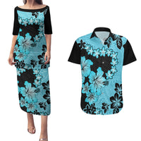 Blue Hawaii Couples Matching Puletasi Dress and Hawaiian Shirt Tapa Cloth Mix Tropical Flowers Pastel Vibes - Wonder Print Shop