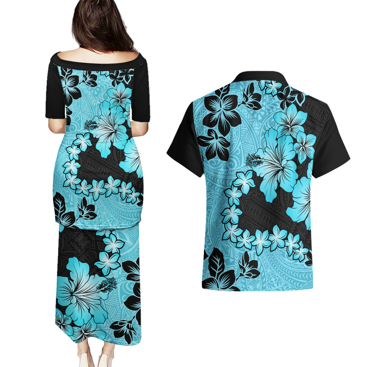Blue Hawaii Couples Matching Puletasi Dress and Hawaiian Shirt Tapa Cloth Mix Tropical Flowers Pastel Vibes - Wonder Print Shop