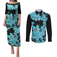 Blue Hawaii Couples Matching Puletasi Dress and Long Sleeve Button Shirt Tapa Cloth Mix Tropical Flowers Pastel Vibes - Wonder Print Shop