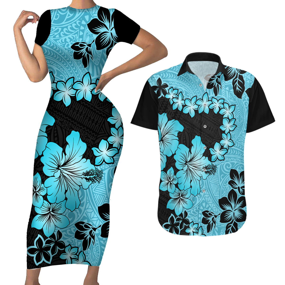 Blue Hawaii Couples Matching Short Sleeve Bodycon Dress and Hawaiian Shirt Tapa Cloth Mix Tropical Flowers Pastel Vibes - Wonder Print Shop