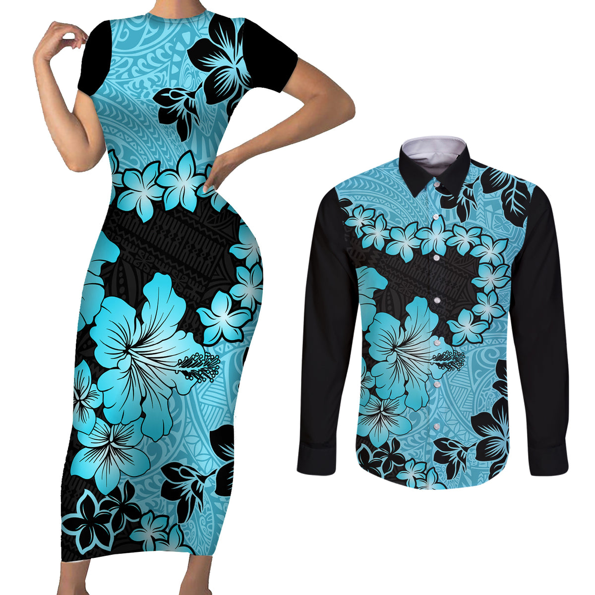 Blue Hawaii Couples Matching Short Sleeve Bodycon Dress and Long Sleeve Button Shirt Tapa Cloth Mix Tropical Flowers Pastel Vibes - Wonder Print Shop