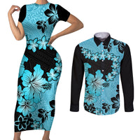 Blue Hawaii Couples Matching Short Sleeve Bodycon Dress and Long Sleeve Button Shirt Tapa Cloth Mix Tropical Flowers Pastel Vibes - Wonder Print Shop
