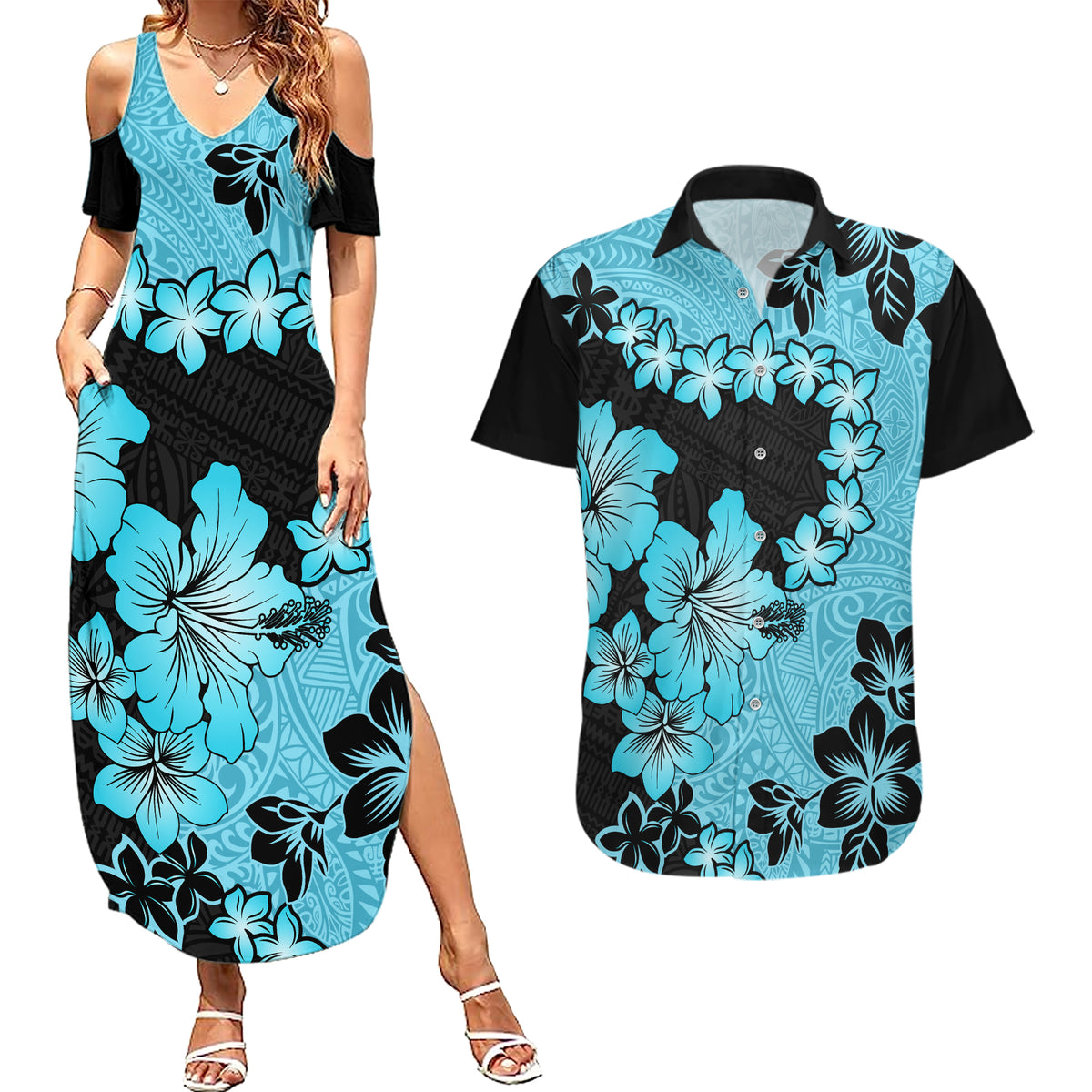Blue Hawaii Couples Matching Summer Maxi Dress and Hawaiian Shirt Tapa Cloth Mix Tropical Flowers Pastel Vibes - Wonder Print Shop