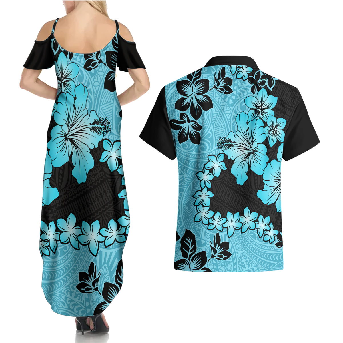 Blue Hawaii Couples Matching Summer Maxi Dress and Hawaiian Shirt Tapa Cloth Mix Tropical Flowers Pastel Vibes - Wonder Print Shop