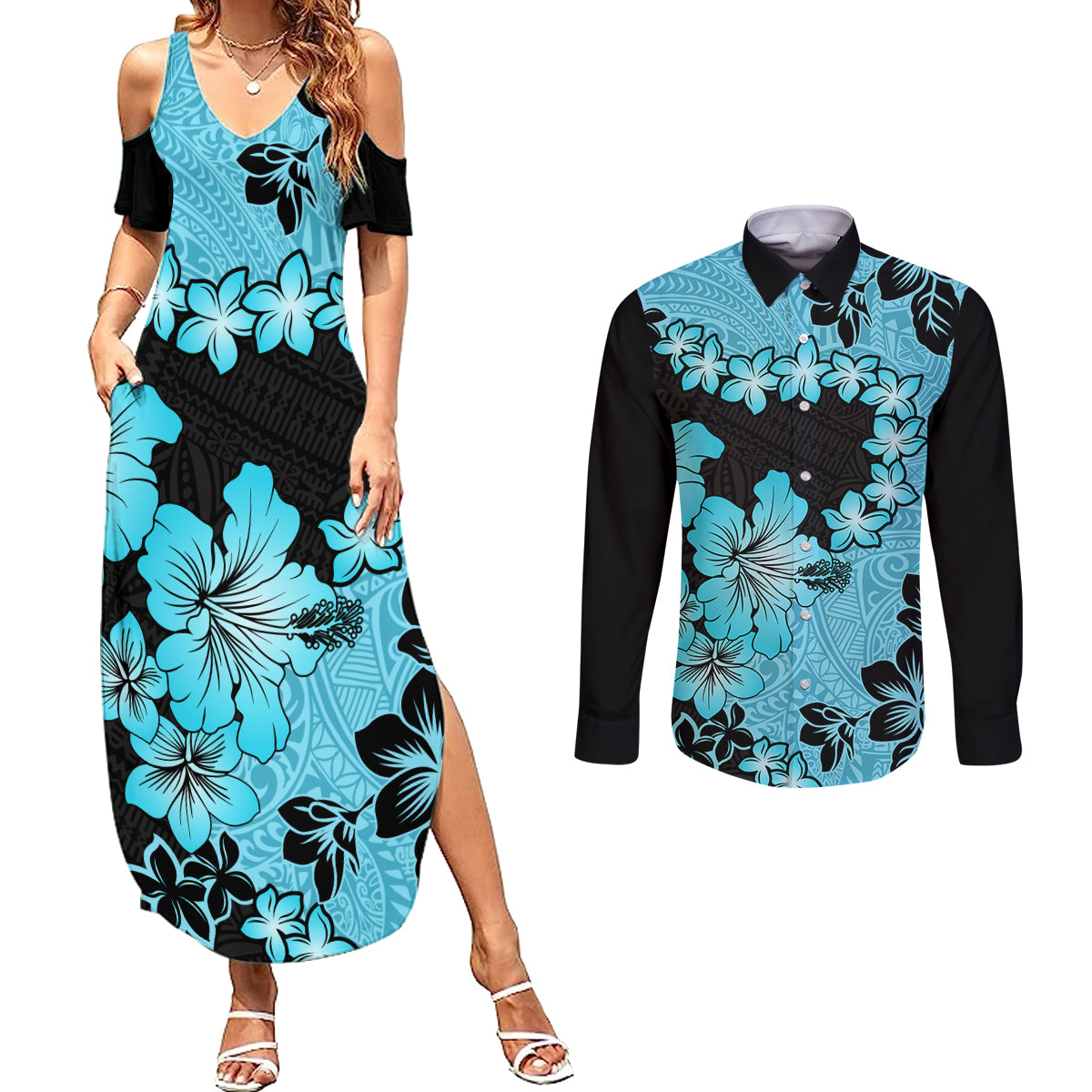 Blue Hawaii Couples Matching Summer Maxi Dress and Long Sleeve Button Shirt Tapa Cloth Mix Tropical Flowers Pastel Vibes - Wonder Print Shop