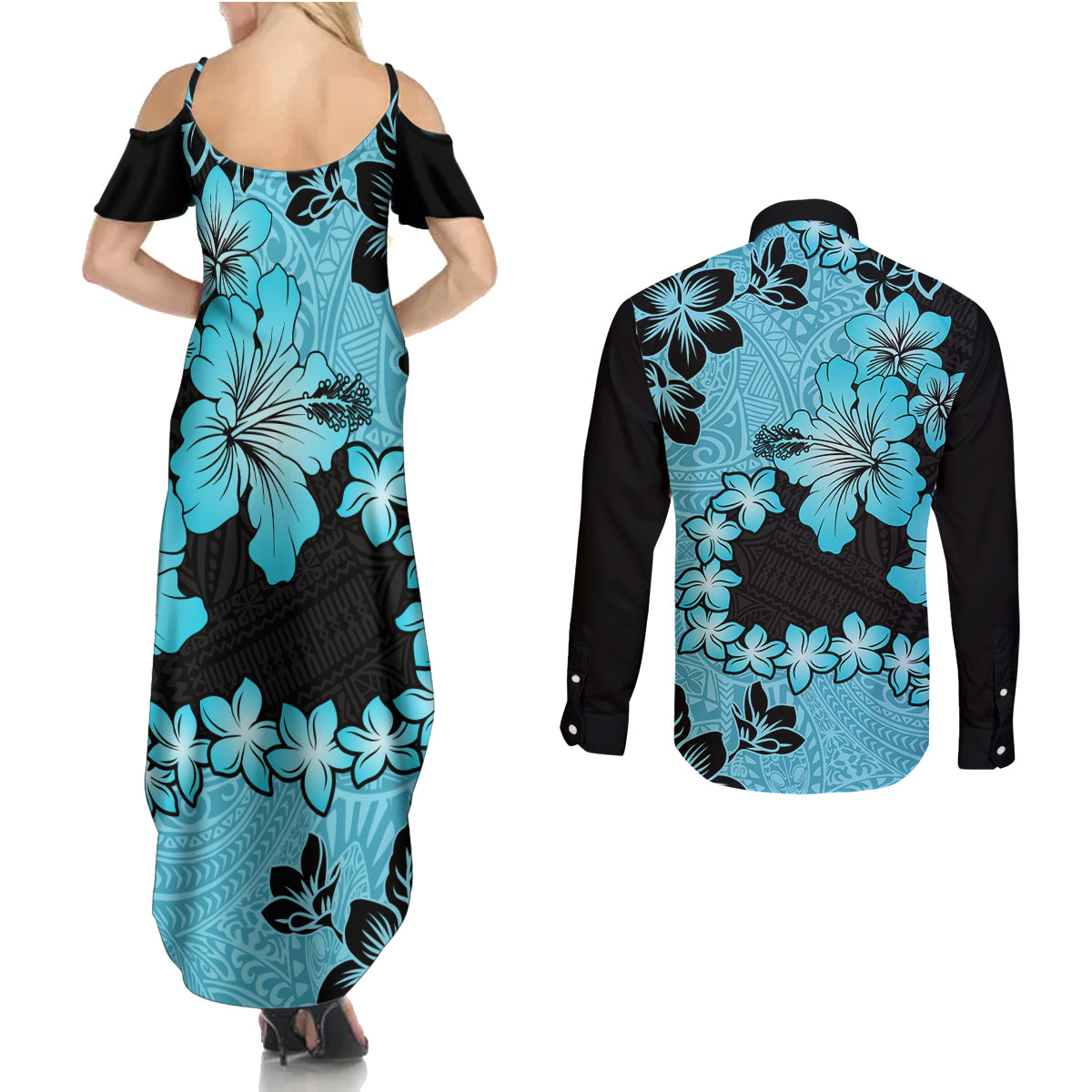 Blue Hawaii Couples Matching Summer Maxi Dress and Long Sleeve Button Shirt Tapa Cloth Mix Tropical Flowers Pastel Vibes - Wonder Print Shop