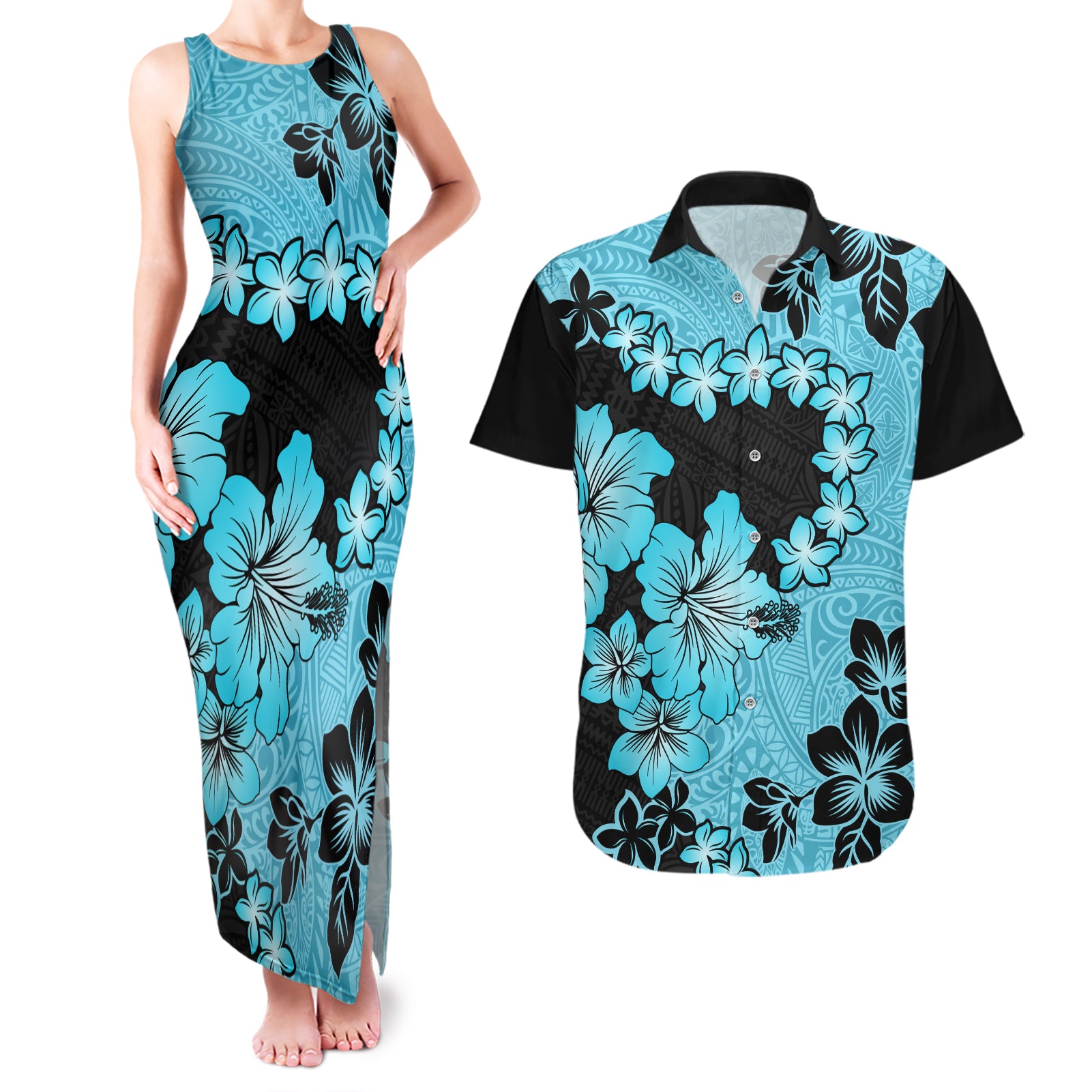 Blue Hawaii Couples Matching Tank Maxi Dress and Hawaiian Shirt Tapa Cloth Mix Tropical Flowers Pastel Vibes - Wonder Print Shop