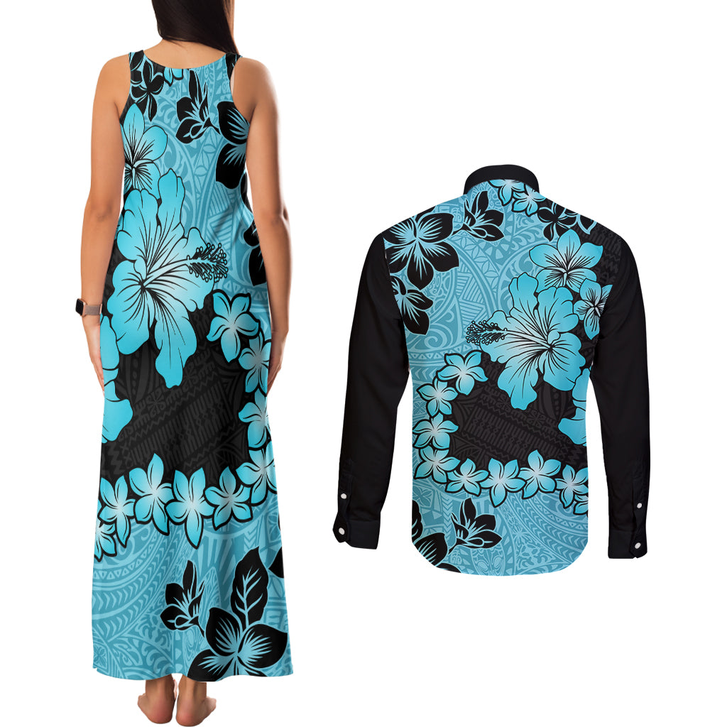 Blue Hawaii Couples Matching Tank Maxi Dress and Long Sleeve Button Shirt Tapa Cloth Mix Tropical Flowers Pastel Vibes - Wonder Print Shop