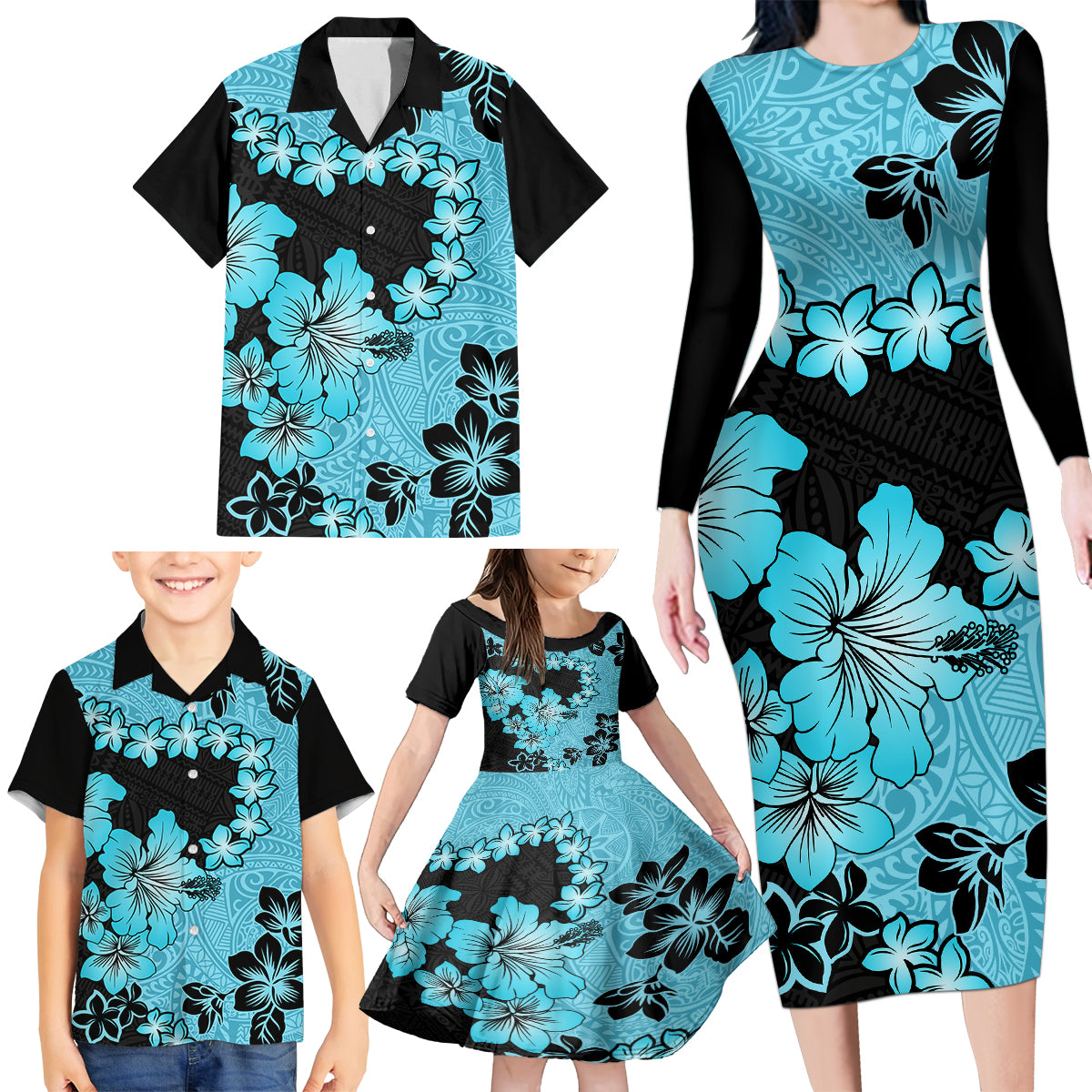 Blue Hawaii Family Matching Long Sleeve Bodycon Dress and Hawaiian Shirt Tapa Cloth Mix Tropical Flowers Pastel Vibes - Wonder Print Shop