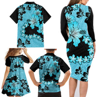 Blue Hawaii Family Matching Long Sleeve Bodycon Dress and Hawaiian Shirt Tapa Cloth Mix Tropical Flowers Pastel Vibes - Wonder Print Shop