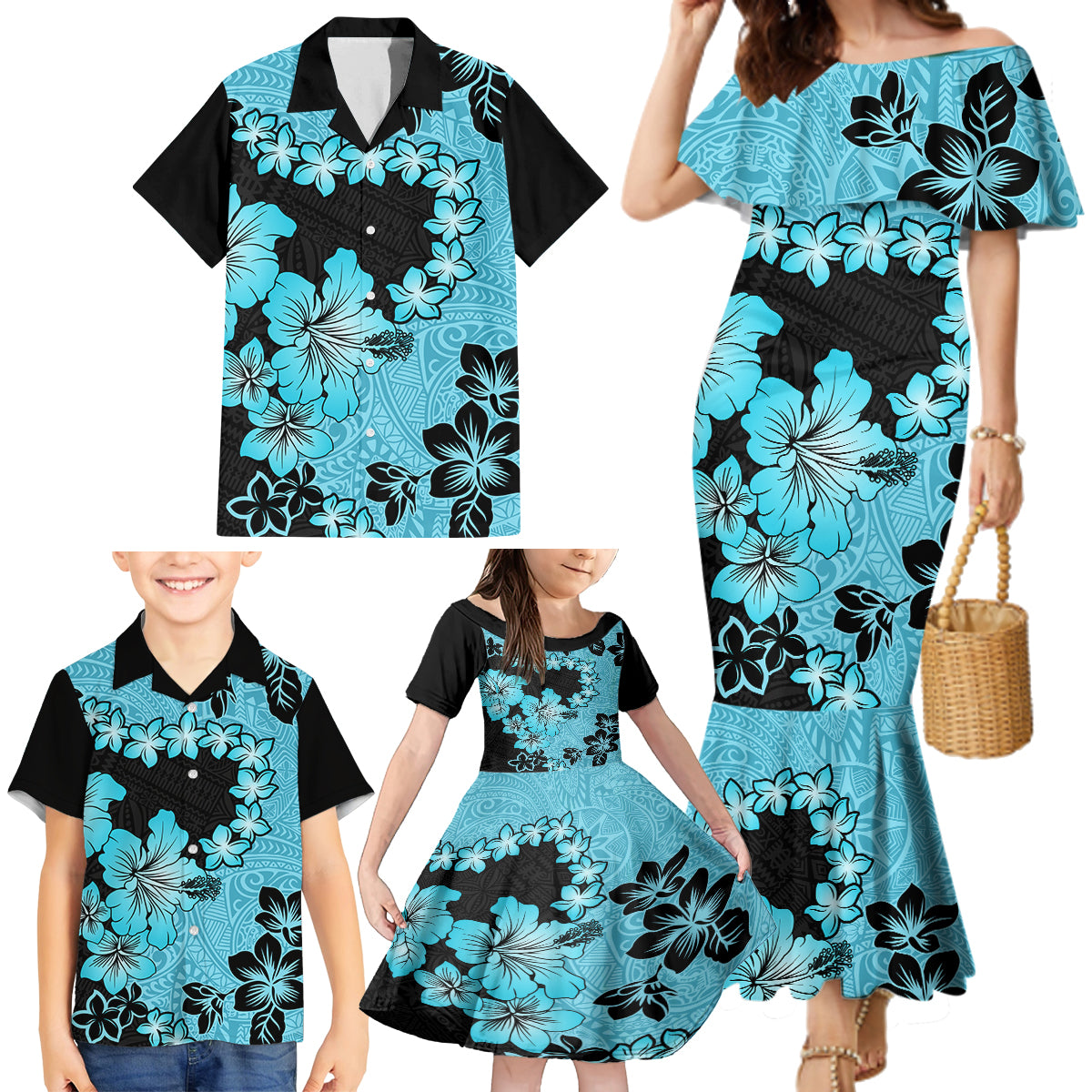 Blue Hawaii Family Matching Mermaid Dress and Hawaiian Shirt Tapa Cloth Mix Tropical Flowers Pastel Vibes - Wonder Print Shop
