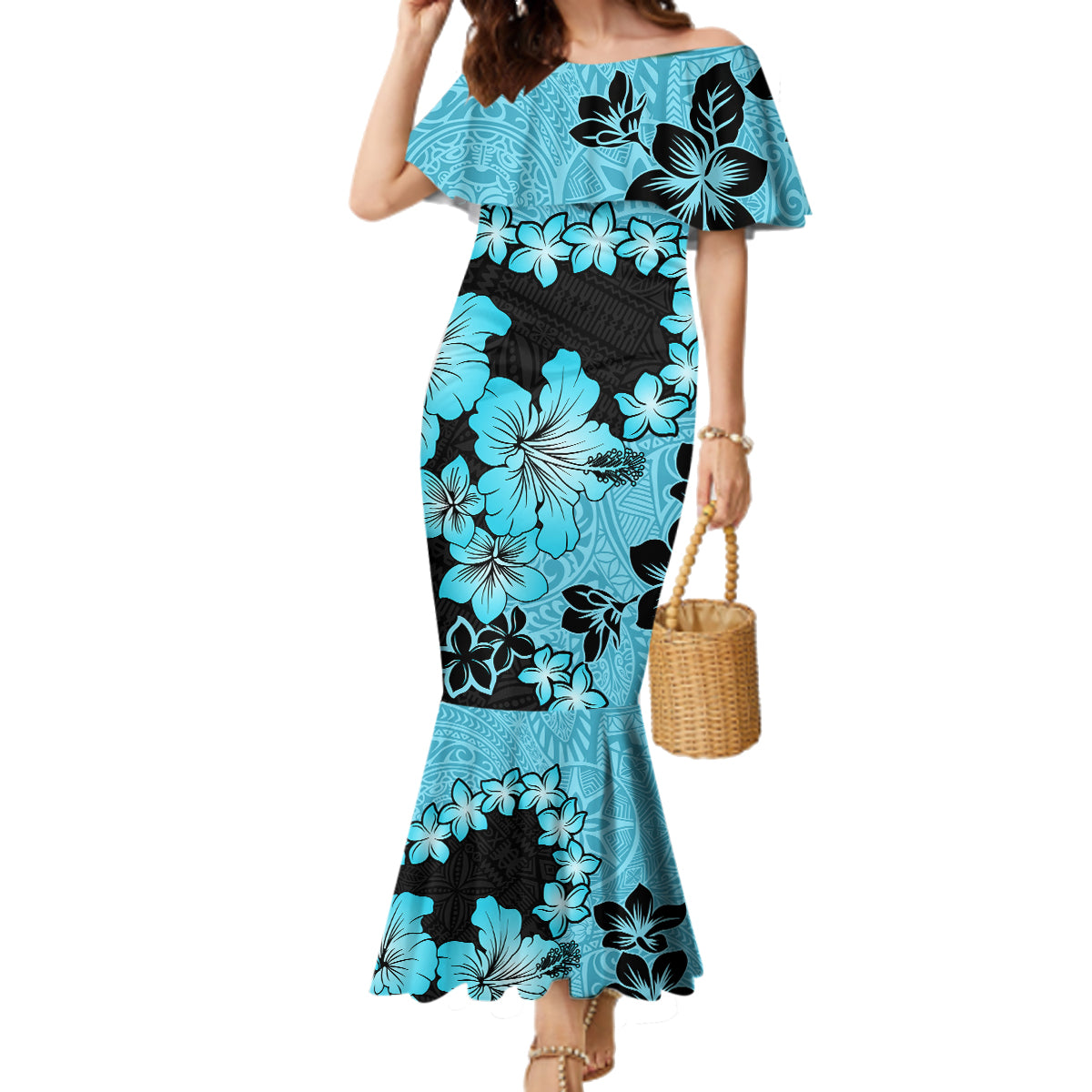 Blue Hawaii Family Matching Mermaid Dress and Hawaiian Shirt Tapa Cloth Mix Tropical Flowers Pastel Vibes - Wonder Print Shop