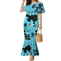 Blue Hawaii Family Matching Mermaid Dress and Hawaiian Shirt Tapa Cloth Mix Tropical Flowers Pastel Vibes - Wonder Print Shop
