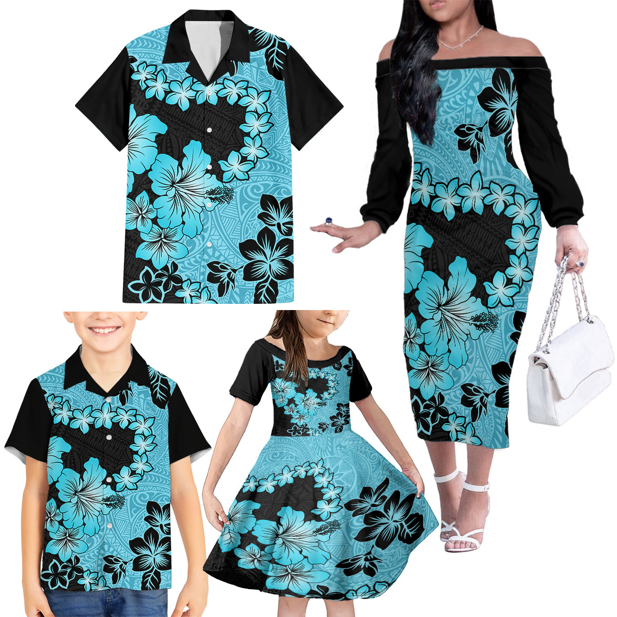 Blue Hawaii Family Matching Off Shoulder Long Sleeve Dress and Hawaiian Shirt Tapa Cloth Mix Tropical Flowers Pastel Vibes - Wonder Print Shop