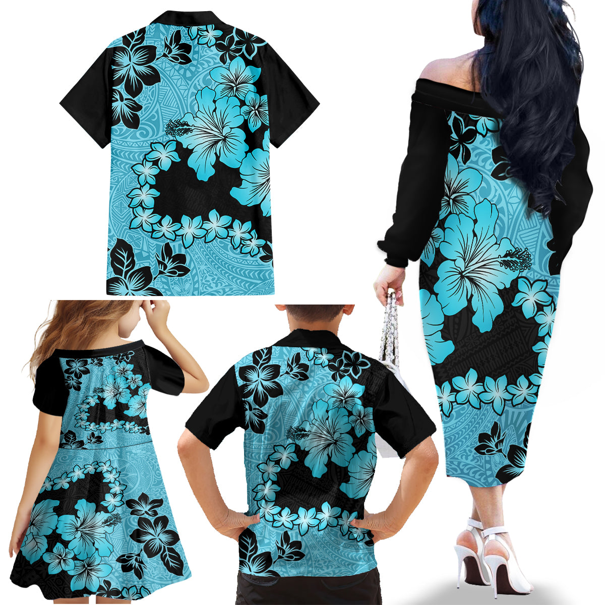 Blue Hawaii Family Matching Off Shoulder Long Sleeve Dress and Hawaiian Shirt Tapa Cloth Mix Tropical Flowers Pastel Vibes - Wonder Print Shop