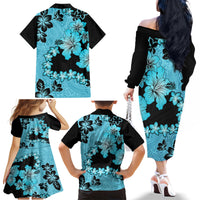 Blue Hawaii Family Matching Off Shoulder Long Sleeve Dress and Hawaiian Shirt Tapa Cloth Mix Tropical Flowers Pastel Vibes - Wonder Print Shop