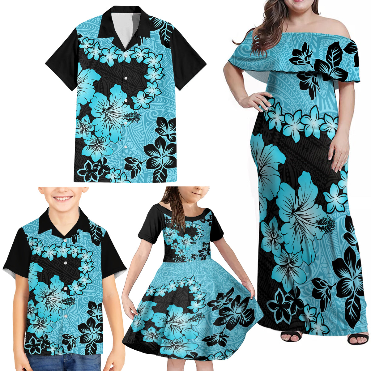 Blue Hawaii Family Matching Off Shoulder Maxi Dress and Hawaiian Shirt Tapa Cloth Mix Tropical Flowers Pastel Vibes - Wonder Print Shop