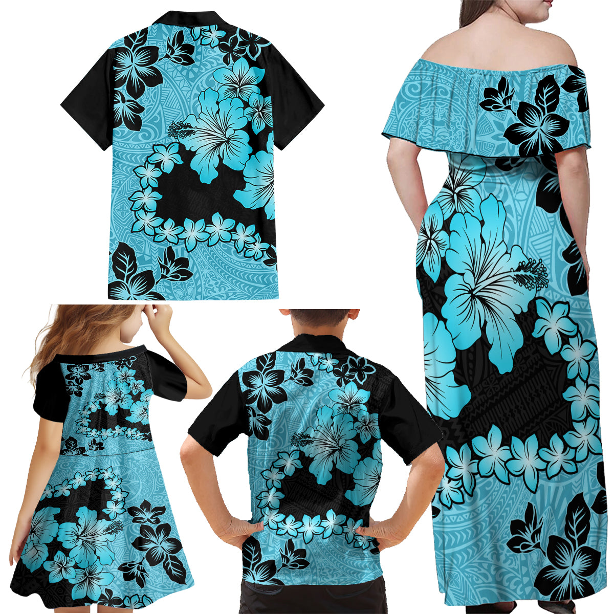 Blue Hawaii Family Matching Off Shoulder Maxi Dress and Hawaiian Shirt Tapa Cloth Mix Tropical Flowers Pastel Vibes - Wonder Print Shop