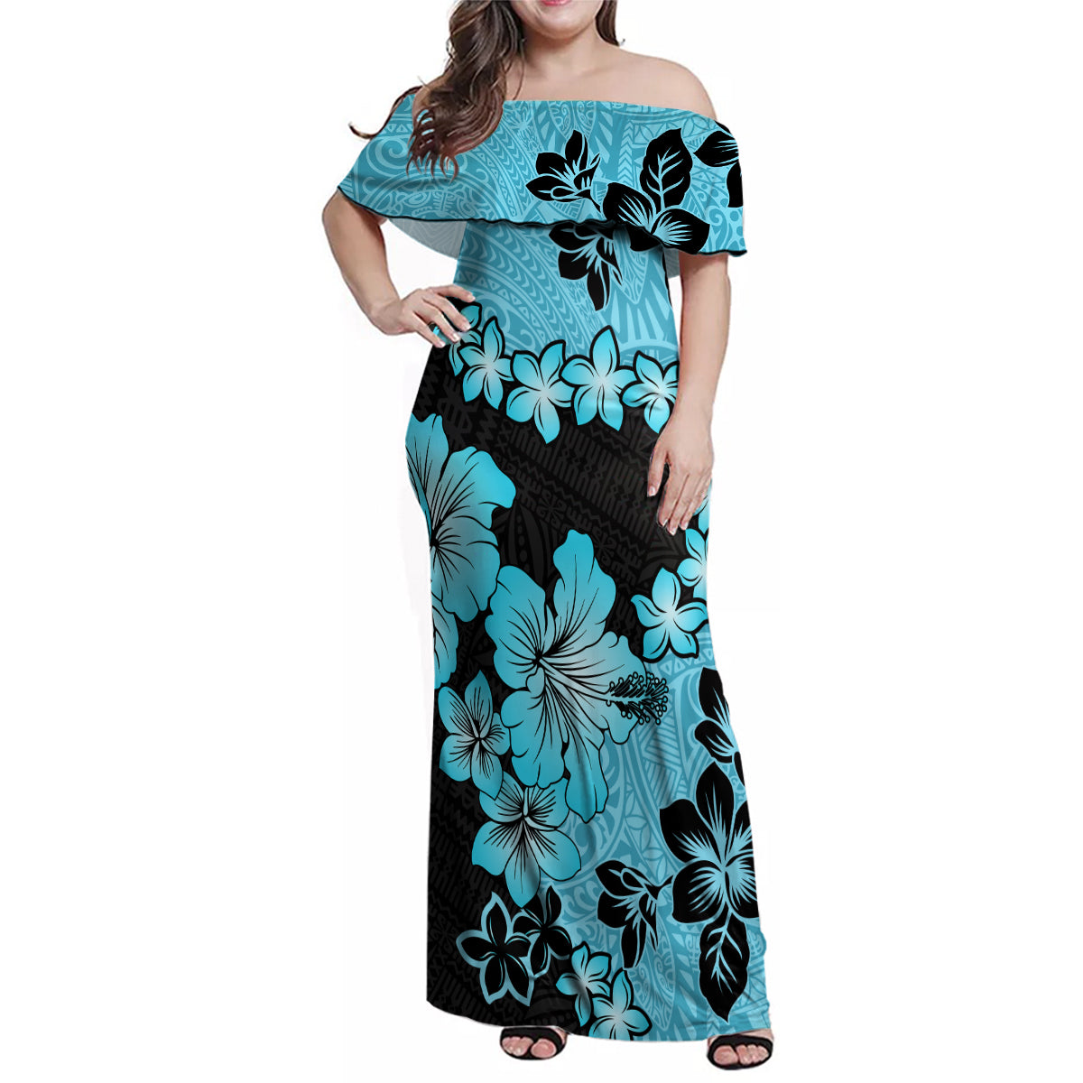 Blue Hawaii Family Matching Off Shoulder Maxi Dress and Hawaiian Shirt Tapa Cloth Mix Tropical Flowers Pastel Vibes - Wonder Print Shop