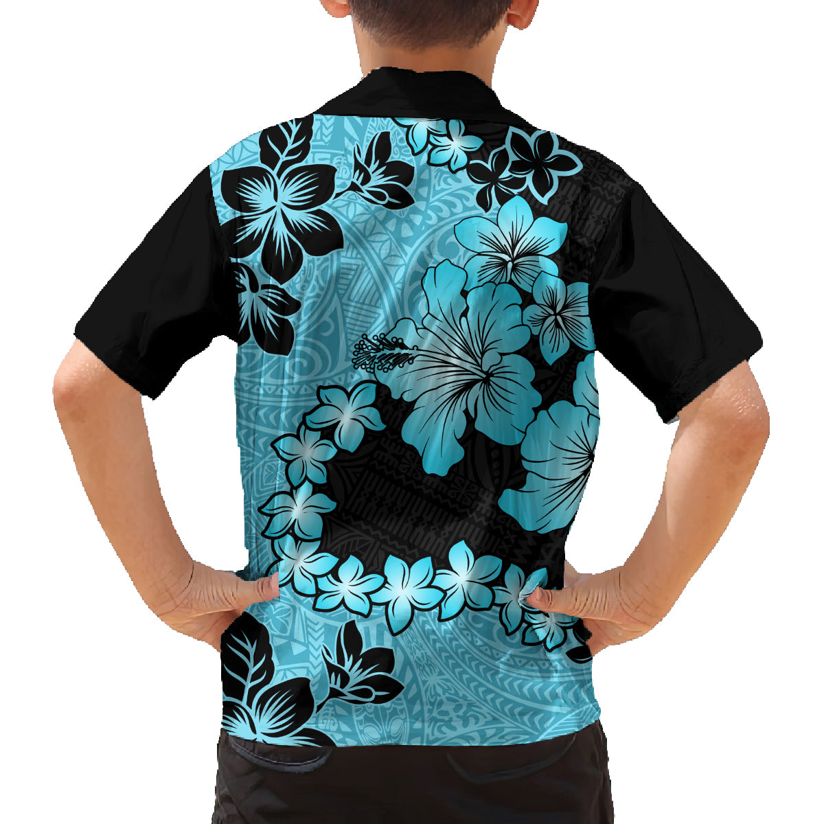 Blue Hawaii Family Matching Off Shoulder Short Dress and Hawaiian Shirt Tapa Cloth Mix Tropical Flowers Pastel Vibes - Wonder Print Shop