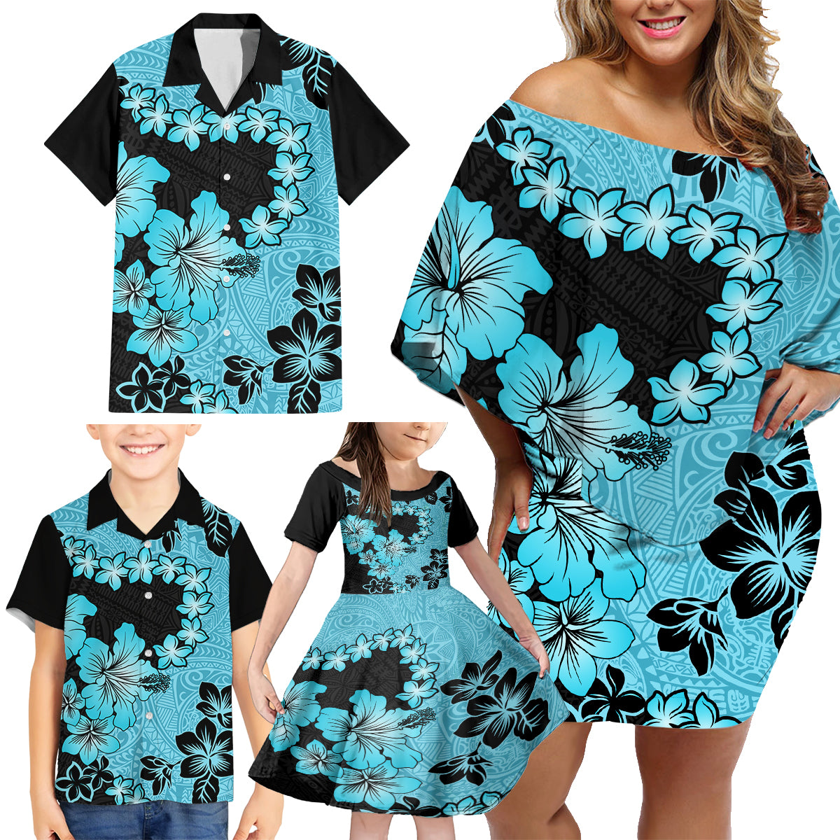 Blue Hawaii Family Matching Off Shoulder Short Dress and Hawaiian Shirt Tapa Cloth Mix Tropical Flowers Pastel Vibes - Wonder Print Shop