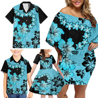 Blue Hawaii Family Matching Off Shoulder Short Dress and Hawaiian Shirt Tapa Cloth Mix Tropical Flowers Pastel Vibes - Wonder Print Shop
