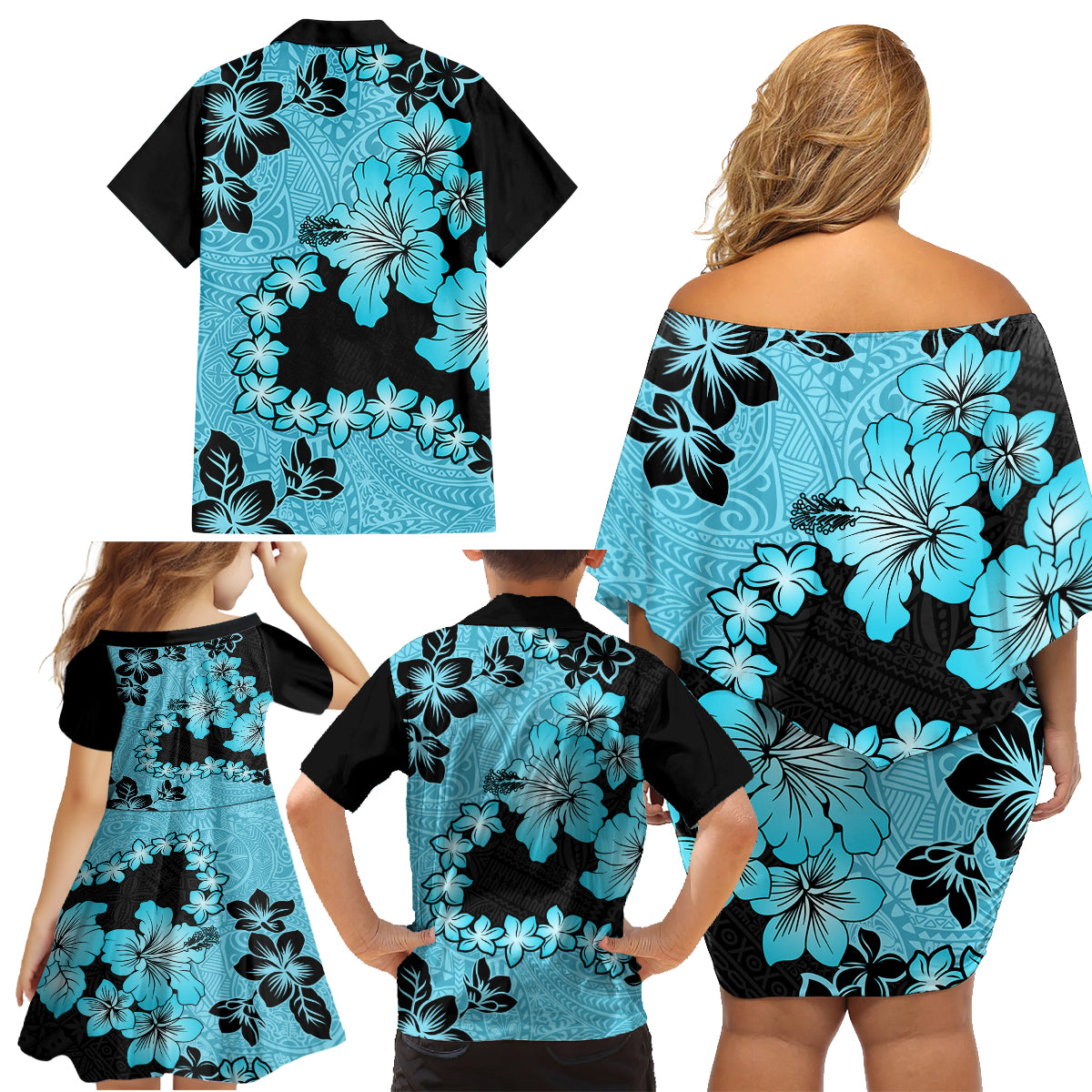 Blue Hawaii Family Matching Off Shoulder Short Dress and Hawaiian Shirt Tapa Cloth Mix Tropical Flowers Pastel Vibes - Wonder Print Shop