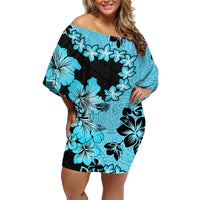 Blue Hawaii Family Matching Off Shoulder Short Dress and Hawaiian Shirt Tapa Cloth Mix Tropical Flowers Pastel Vibes - Wonder Print Shop