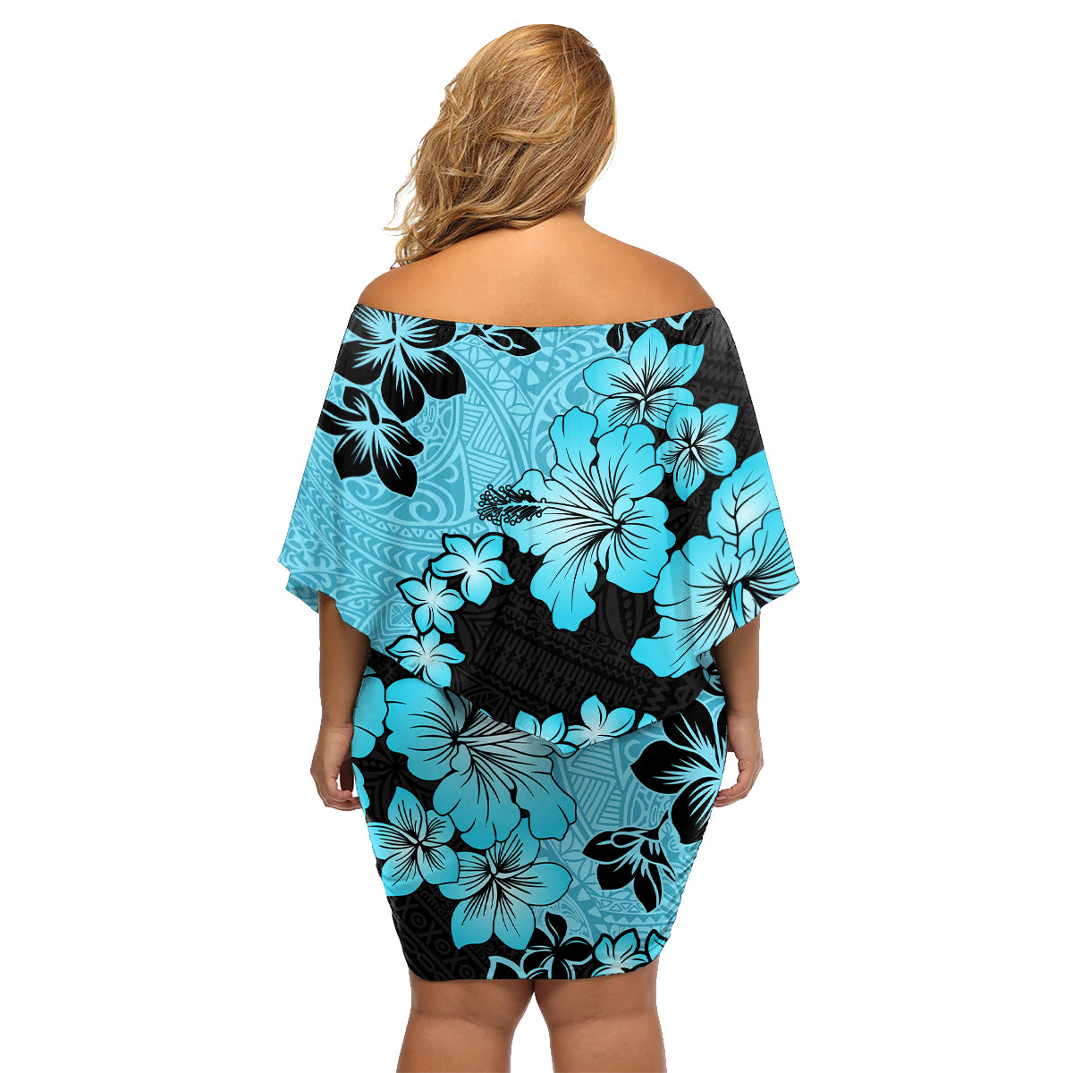 Blue Hawaii Family Matching Off Shoulder Short Dress and Hawaiian Shirt Tapa Cloth Mix Tropical Flowers Pastel Vibes - Wonder Print Shop