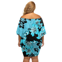 Blue Hawaii Family Matching Off Shoulder Short Dress and Hawaiian Shirt Tapa Cloth Mix Tropical Flowers Pastel Vibes - Wonder Print Shop