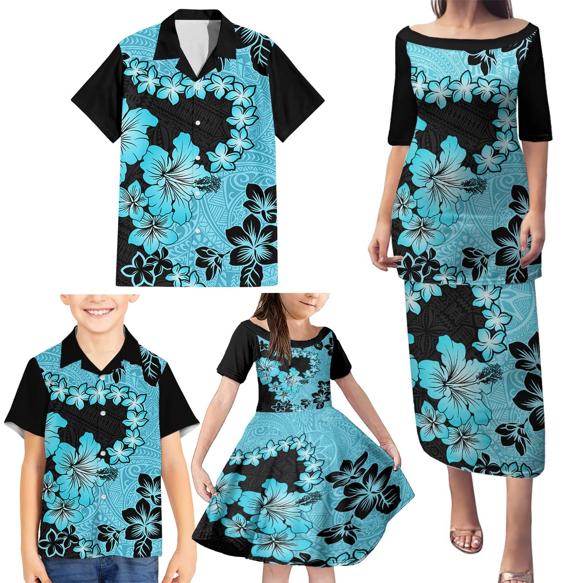 Blue Hawaii Family Matching Puletasi Dress and Hawaiian Shirt Tapa Cloth Mix Tropical Flowers Pastel Vibes - Wonder Print Shop